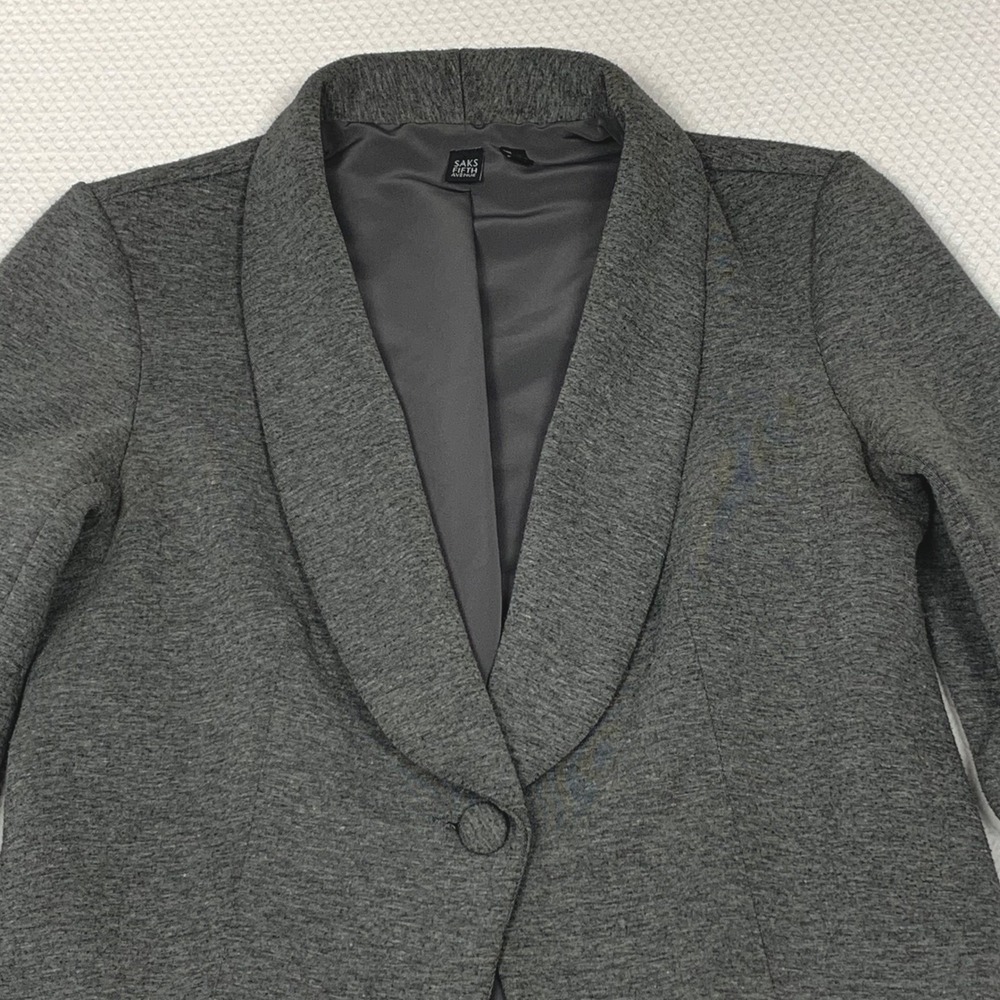 Saks Fifth Avenue Knit Blazer Womens M Gray Shawl Lapel Ruched 3/4 Sleeve